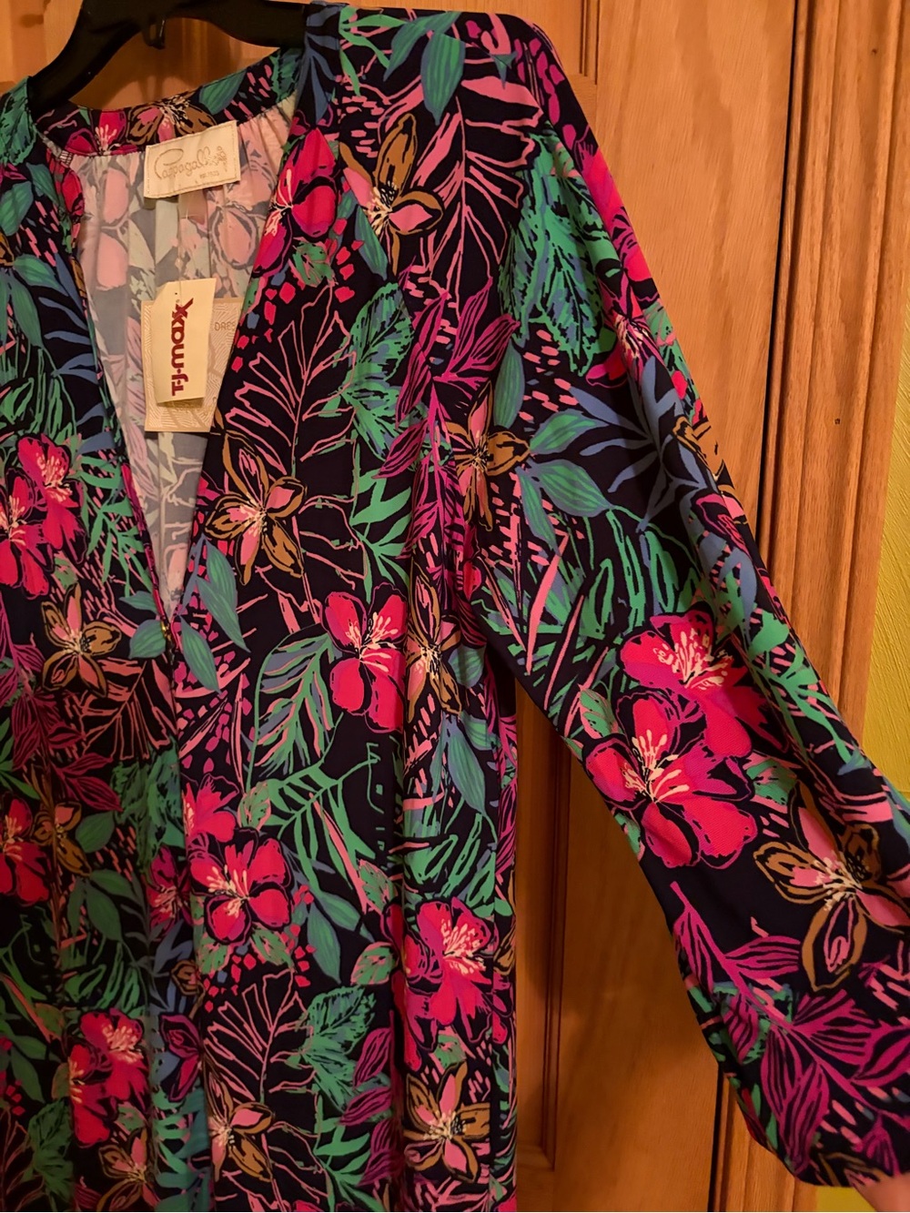 NWT Papagallo Tropical Button V-neck Dress in Black with Pink & Teal - Picture 4 of 8